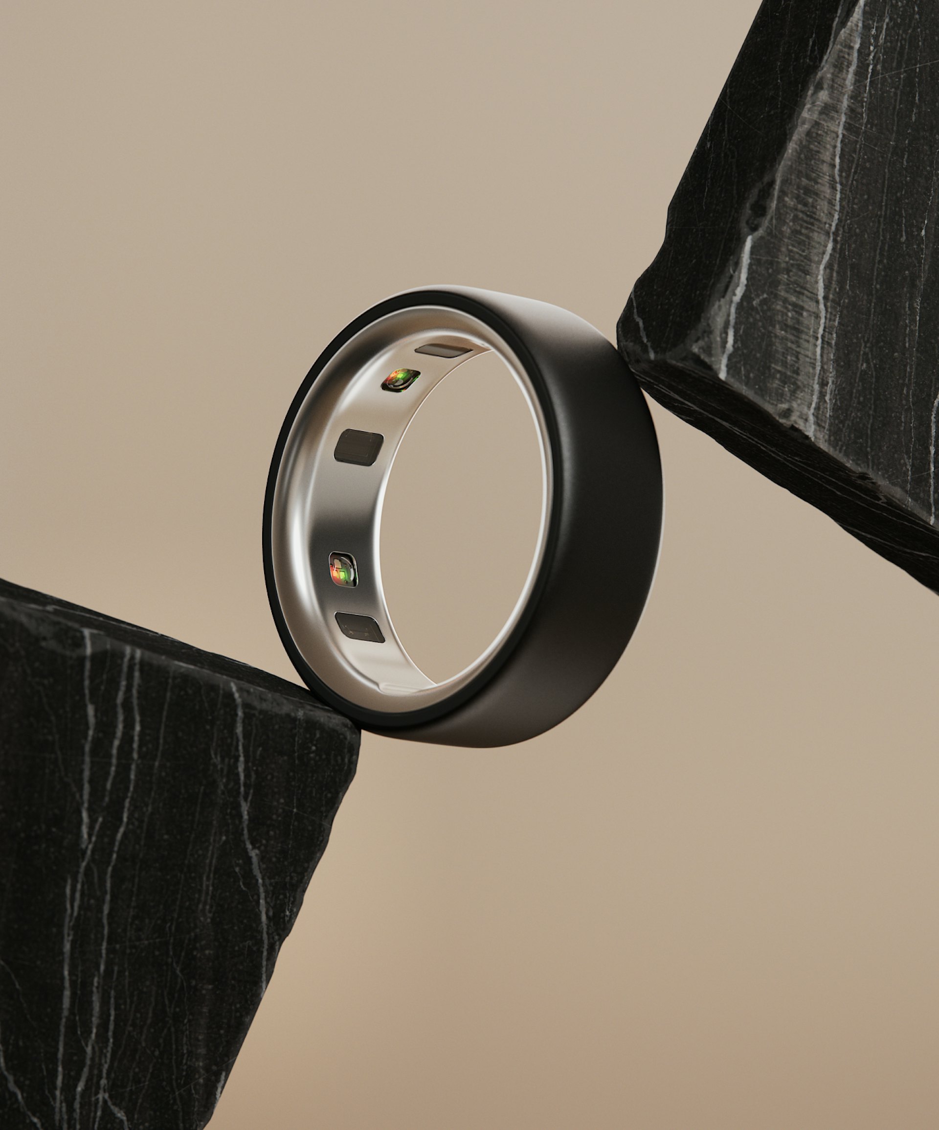Horizon Stealth Oura Ring showcased atop carbon base