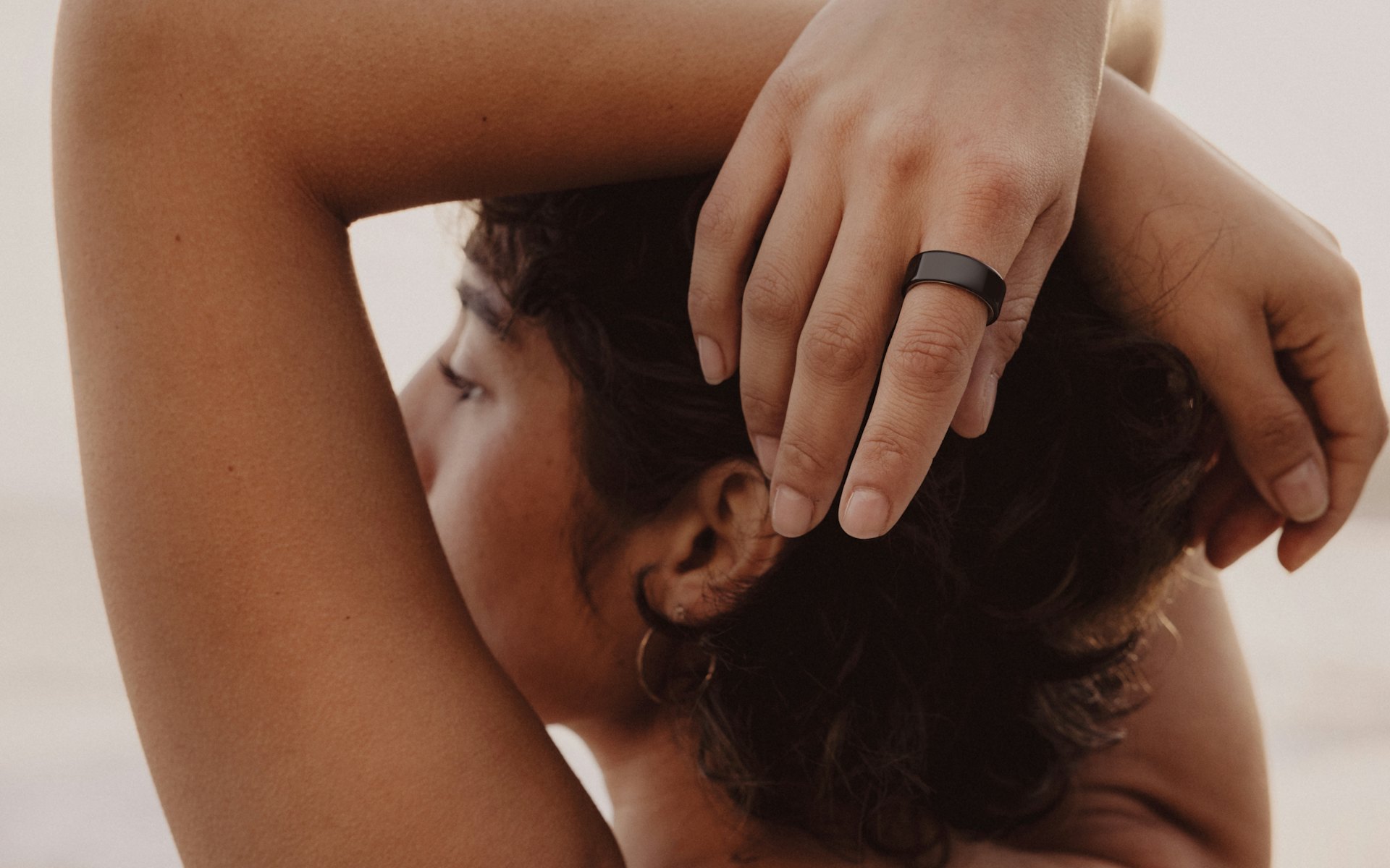 Woman stretching, with app overlay